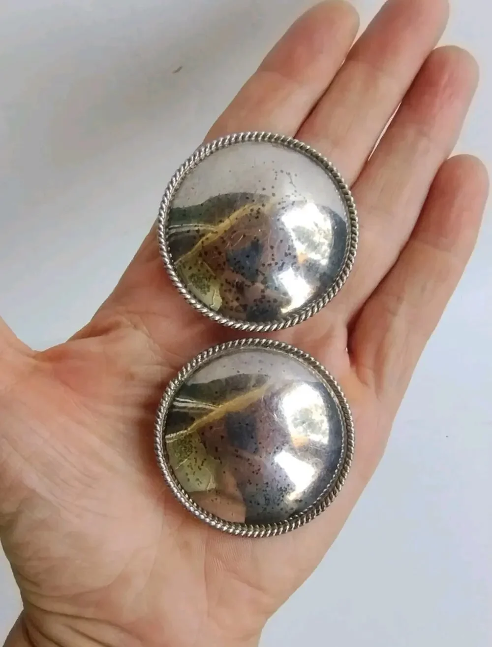 Vintage Sterling Silver Doorknocker Round Puffy Dome Rope Edge Clip Earrings